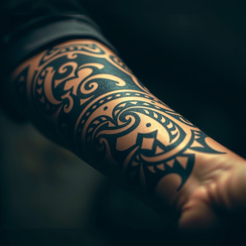 Maori Tattoo Forearm: Hyperrealistic Cinematic Close-Up