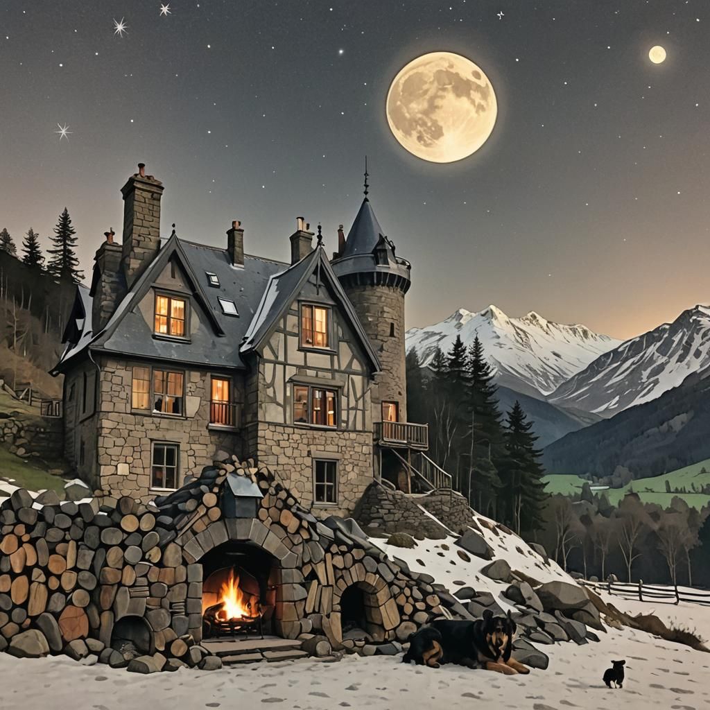 Night Castle Mountain with Moon and Stars