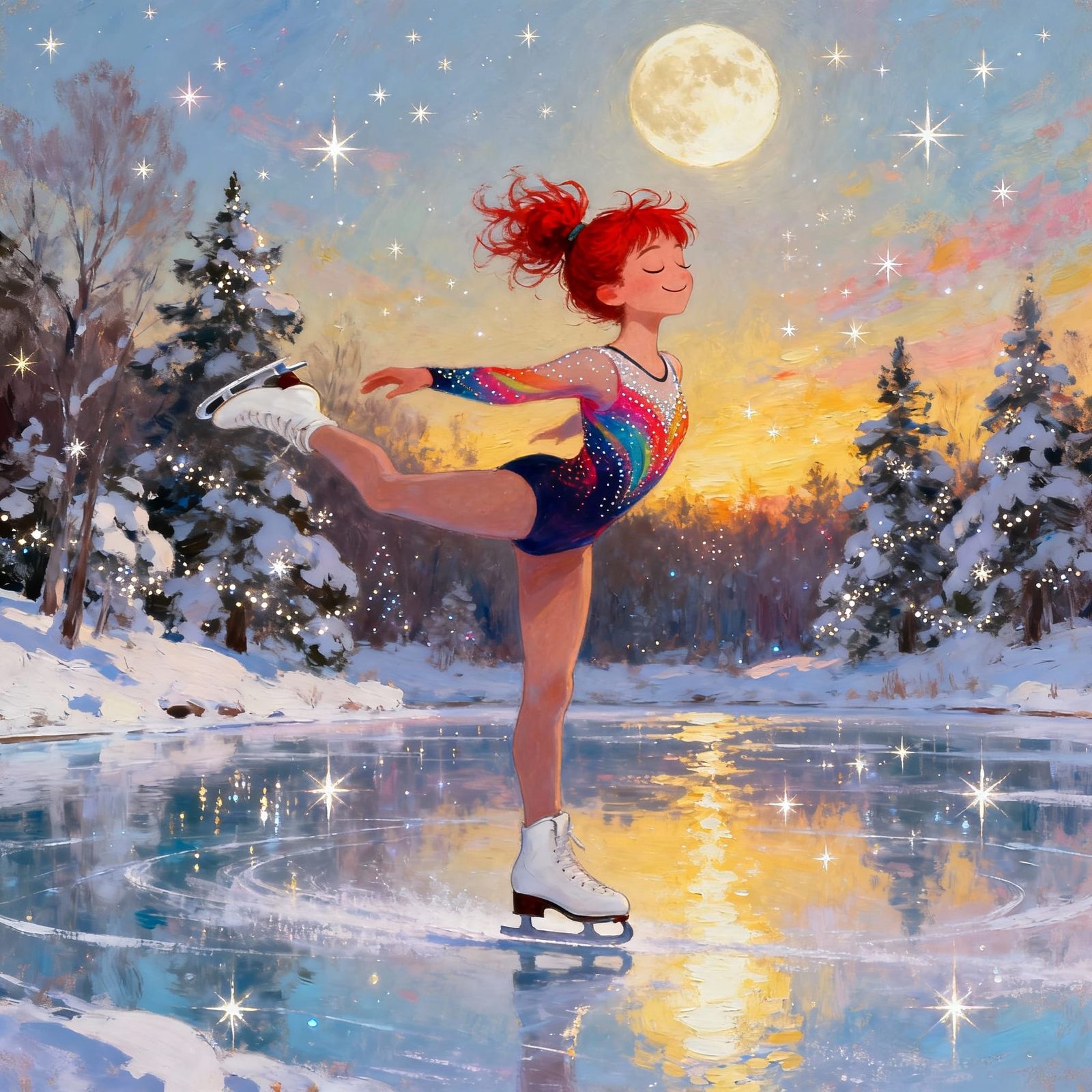 Eiskunstläuferin im Mondlicht auf gefrorenem Teich