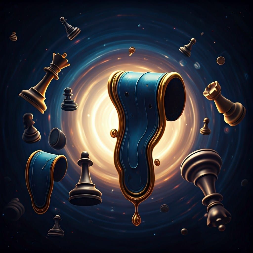 Surreal Chess Pieces Drift Through Cosmic Vortex