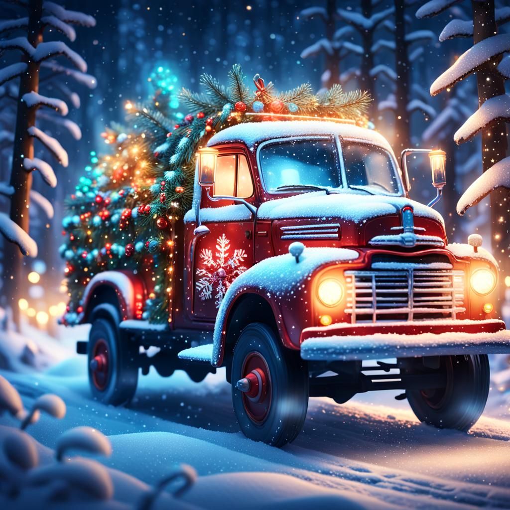 Christmas Truck Driving Through Snowy Forest at Night