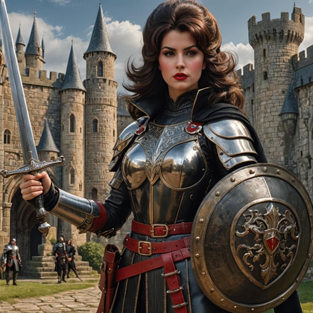 23 year old Female, thick lustrous brunette 1960’s bouffant hair, black eyeshadow, red lipstick, leather armour, sword i...