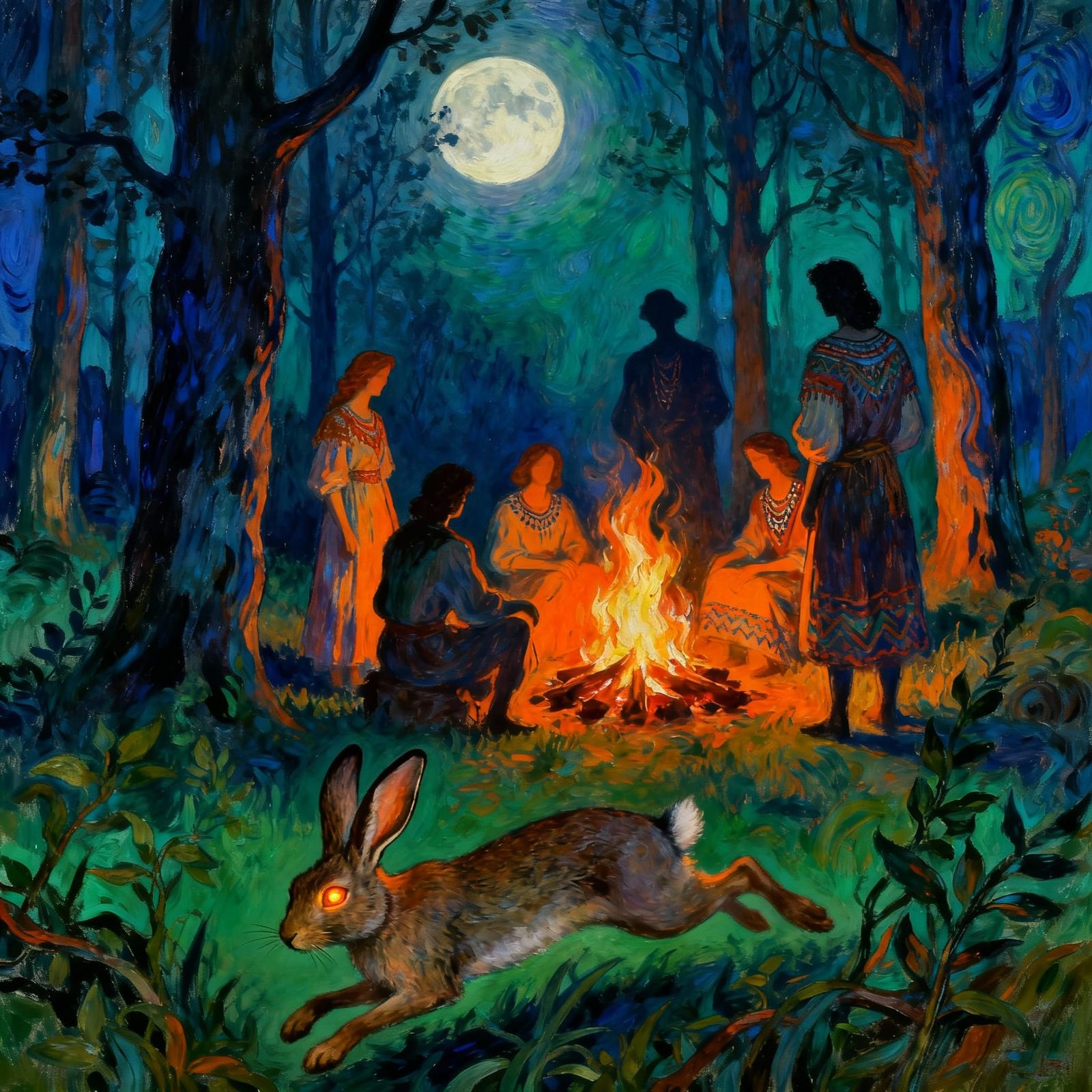 Mystical Moonlight Forest Gathering with Glowing Rabbit