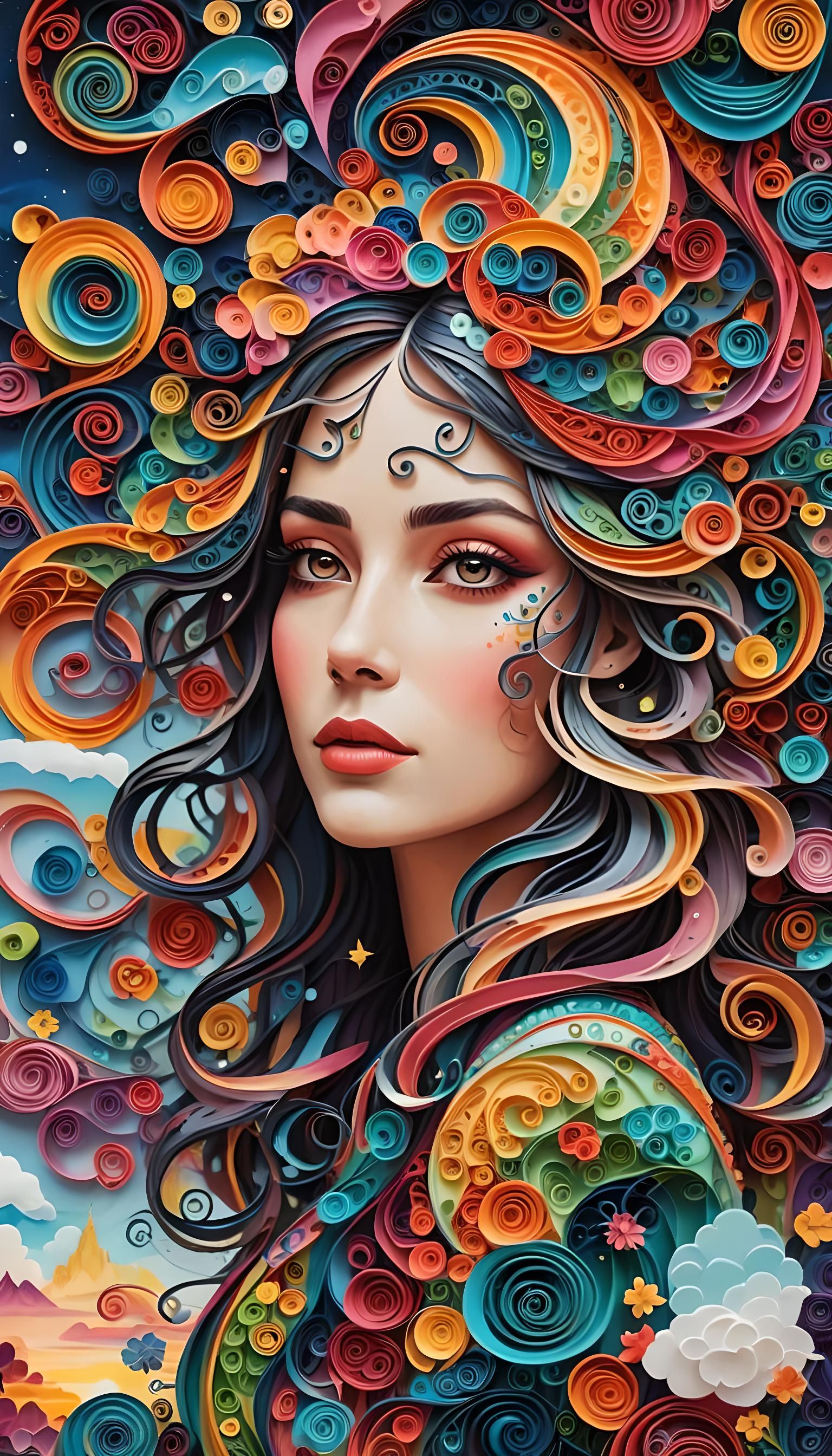 Psychedelic 3D Quilled Woman in a Dreamy Landscape