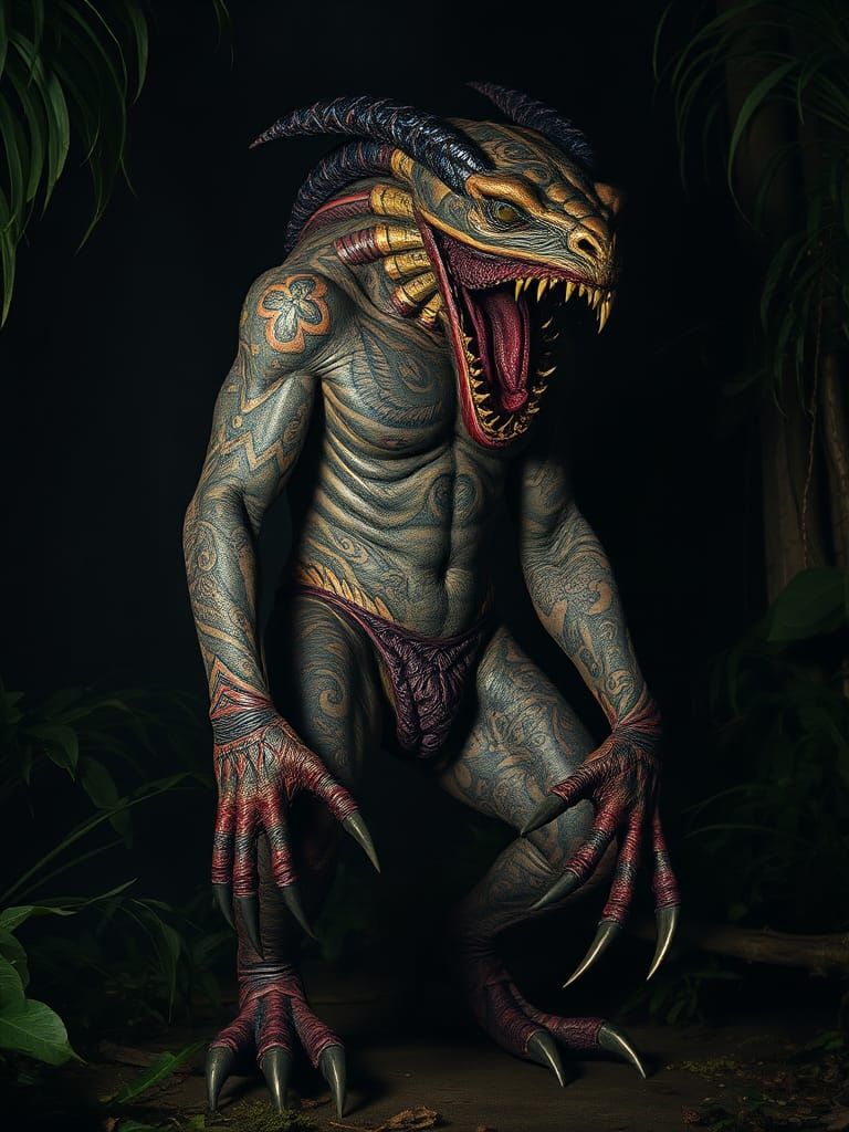 Tattooed Creature in Jungle, Biomechanical Art Style