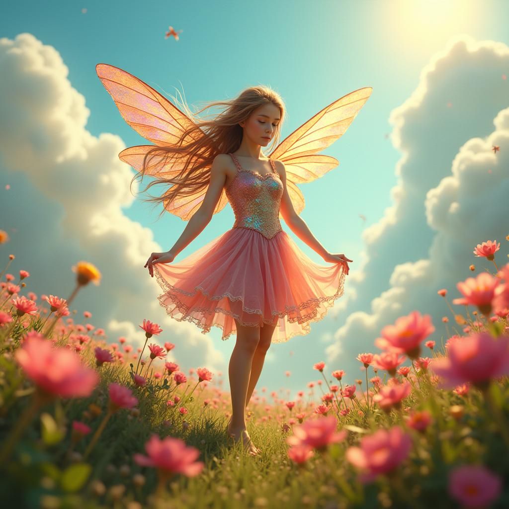 Iridescent Fairy Dancing in a Flower Meadow
