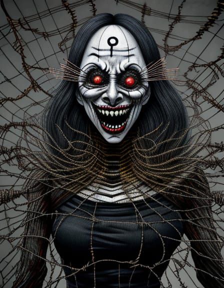 Junji Ito Style Laughing Graffiti with Barbed Wire and Glitc...