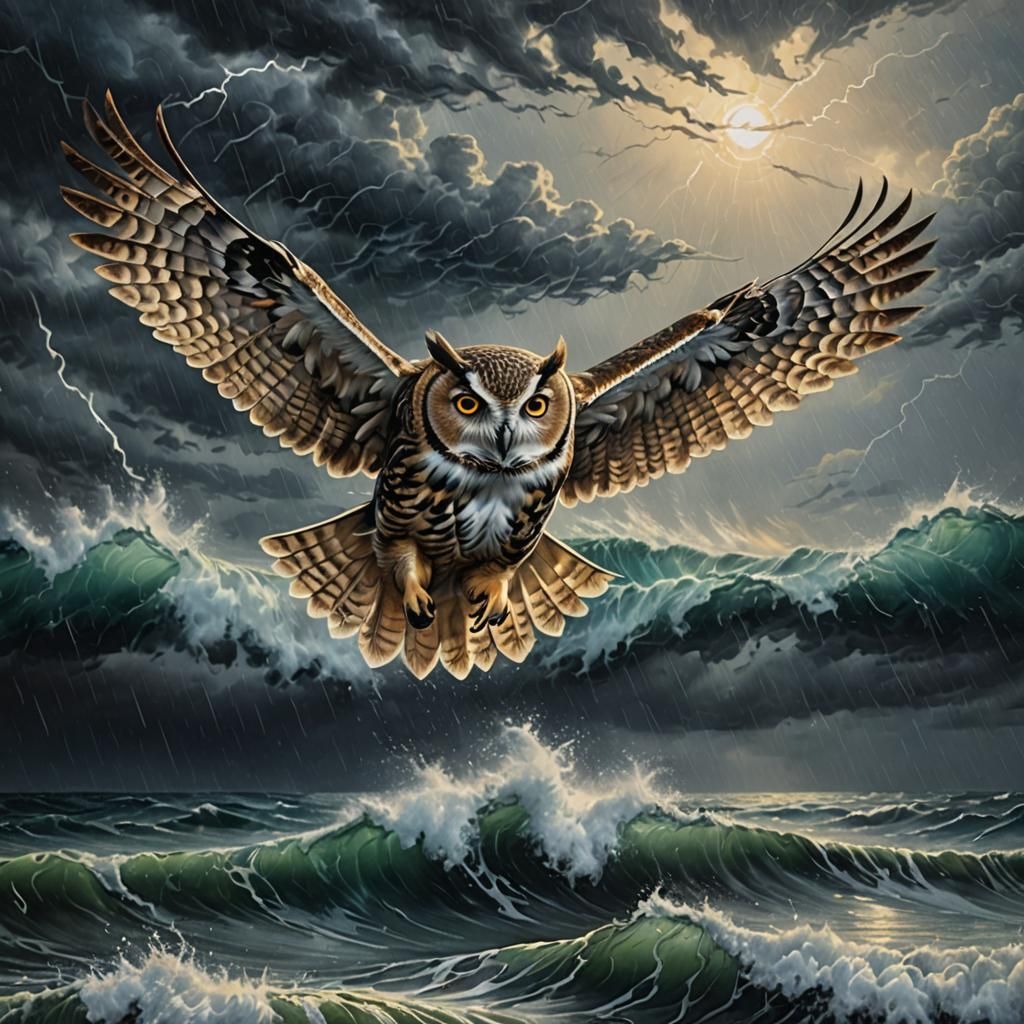 Dramatic Owl Soaring Over Stormy Ocean Landscape