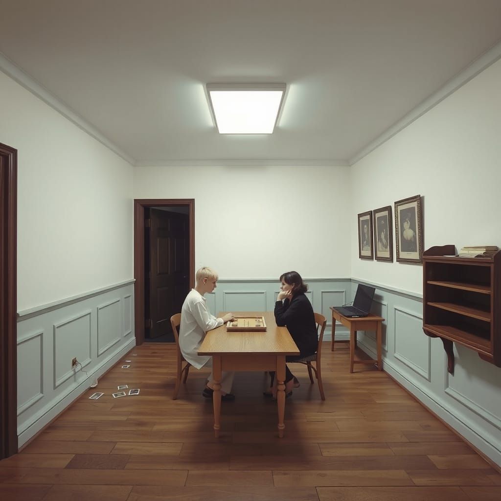 Minimalist Office with Figures in Dreamlike Setting