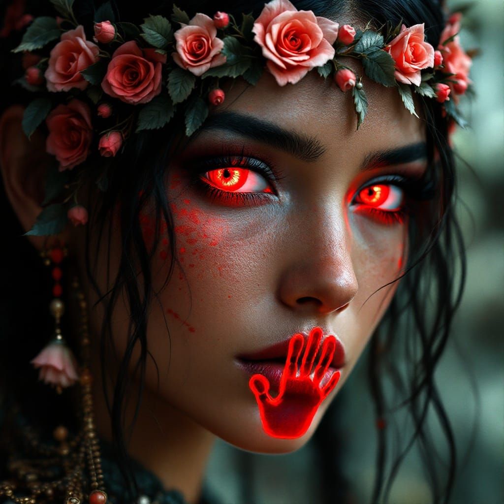 Regal Native Goddess with Red Roses and Glowing Eyes in a My...