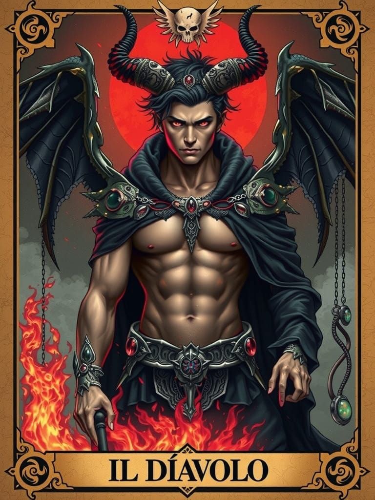 Mysterious Dark Yokai Devil with Fiery Wings and Black Marbl...