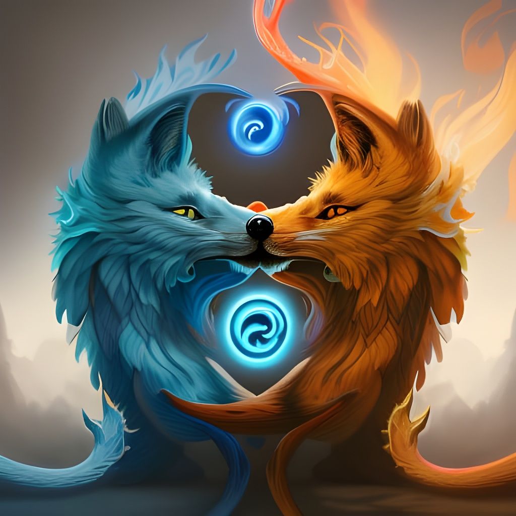 Blue Flame Fox Yin and Yang in Neon