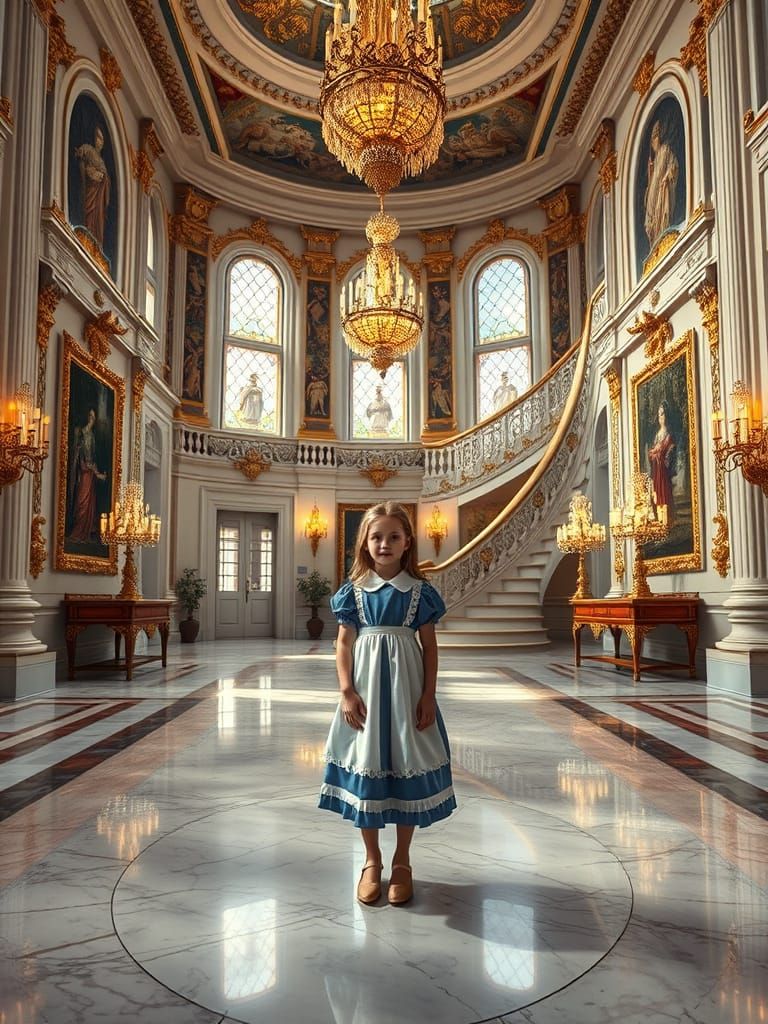 Elegant Girl in Palatial Foyer with Golden Chandeliers and B...