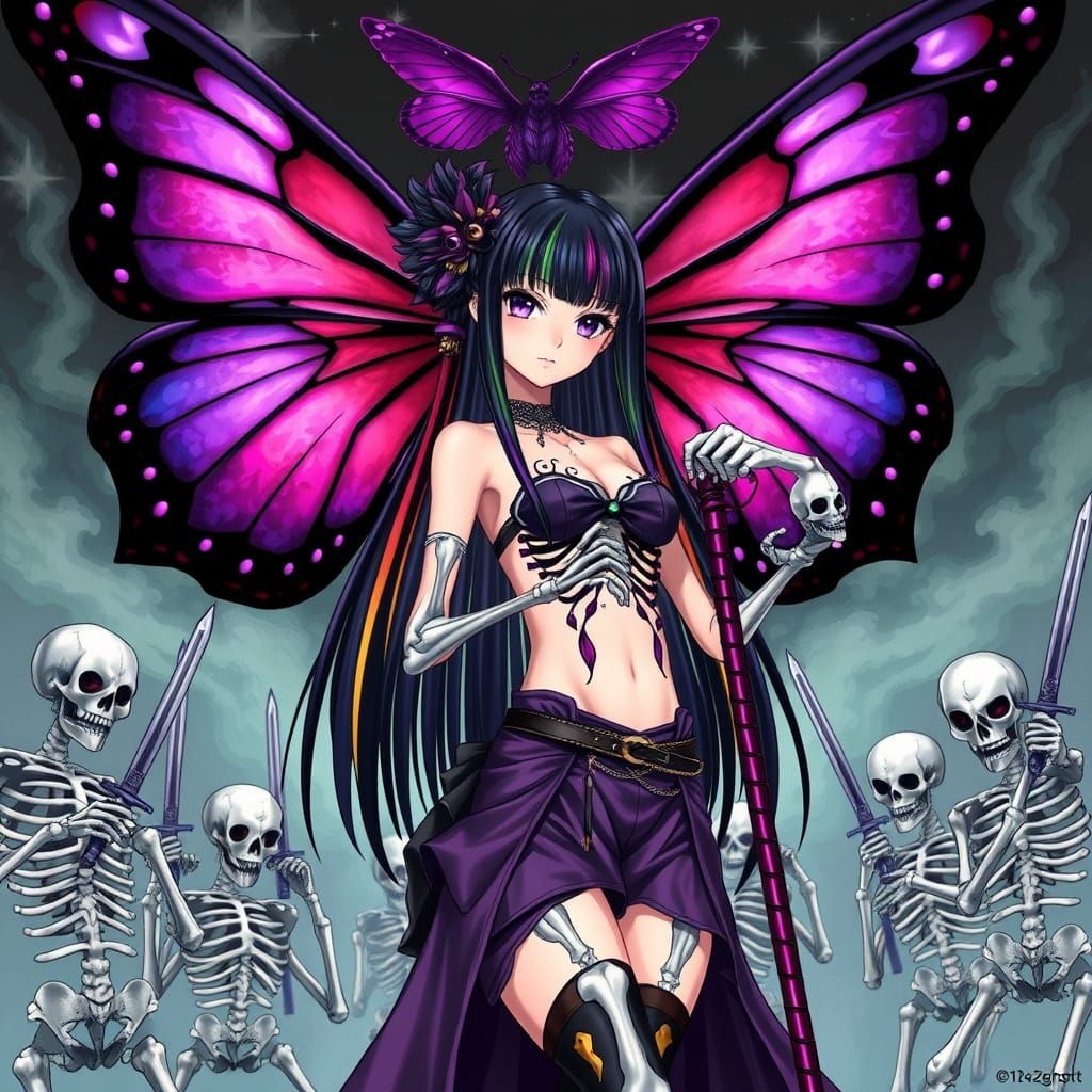 Majestic Anime Girl Under Purple Butterfly's Control in Dark...