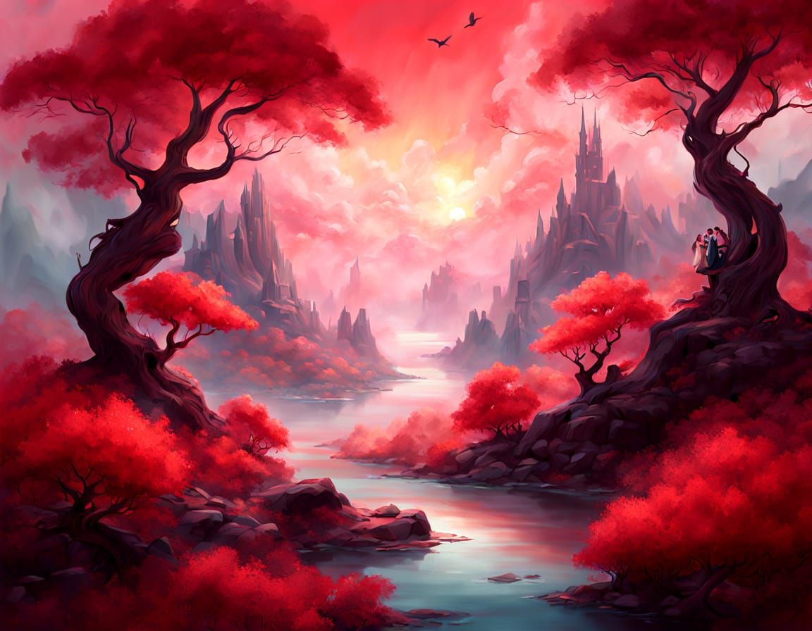 Whimsical Red Fantasy Realm with Floating Islands