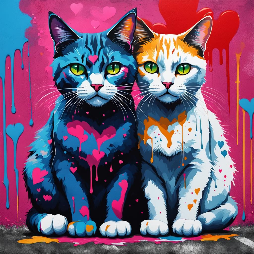 Colorful Graffiti Art: Two Cats in Love