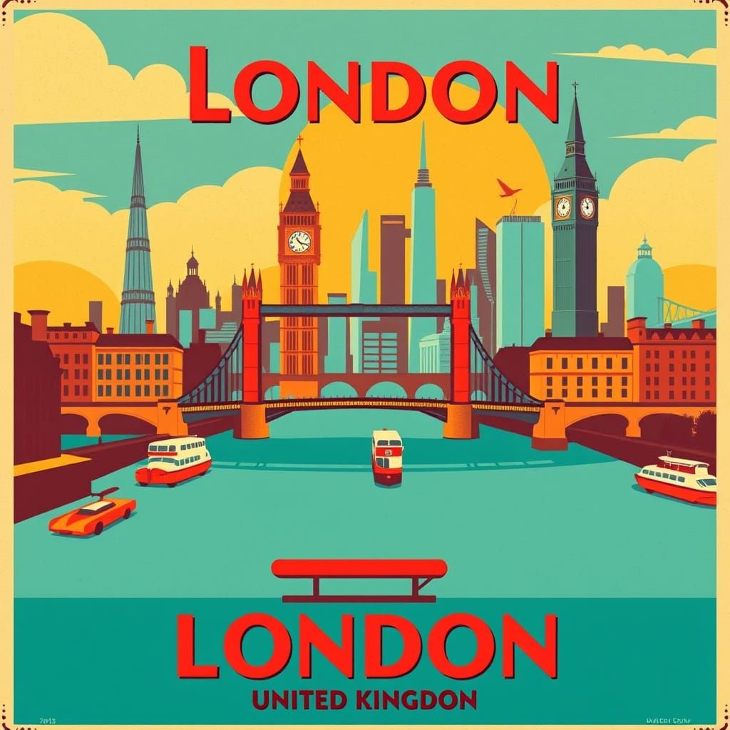 Vintage London Travel Poster in 1940s Art Deco Style