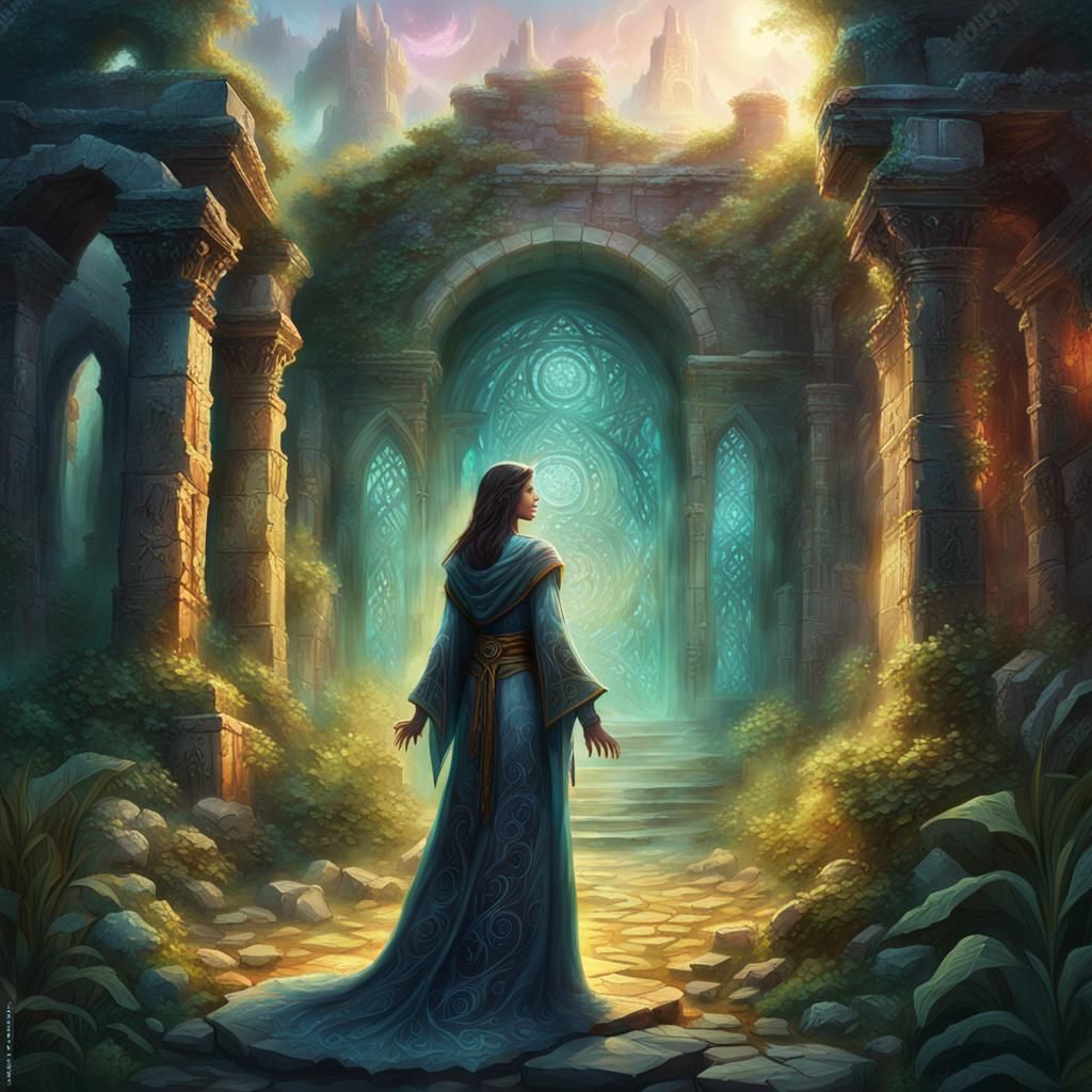 Mystical Sorceress in Ancient Ruins: Art Nouveau Digital Art