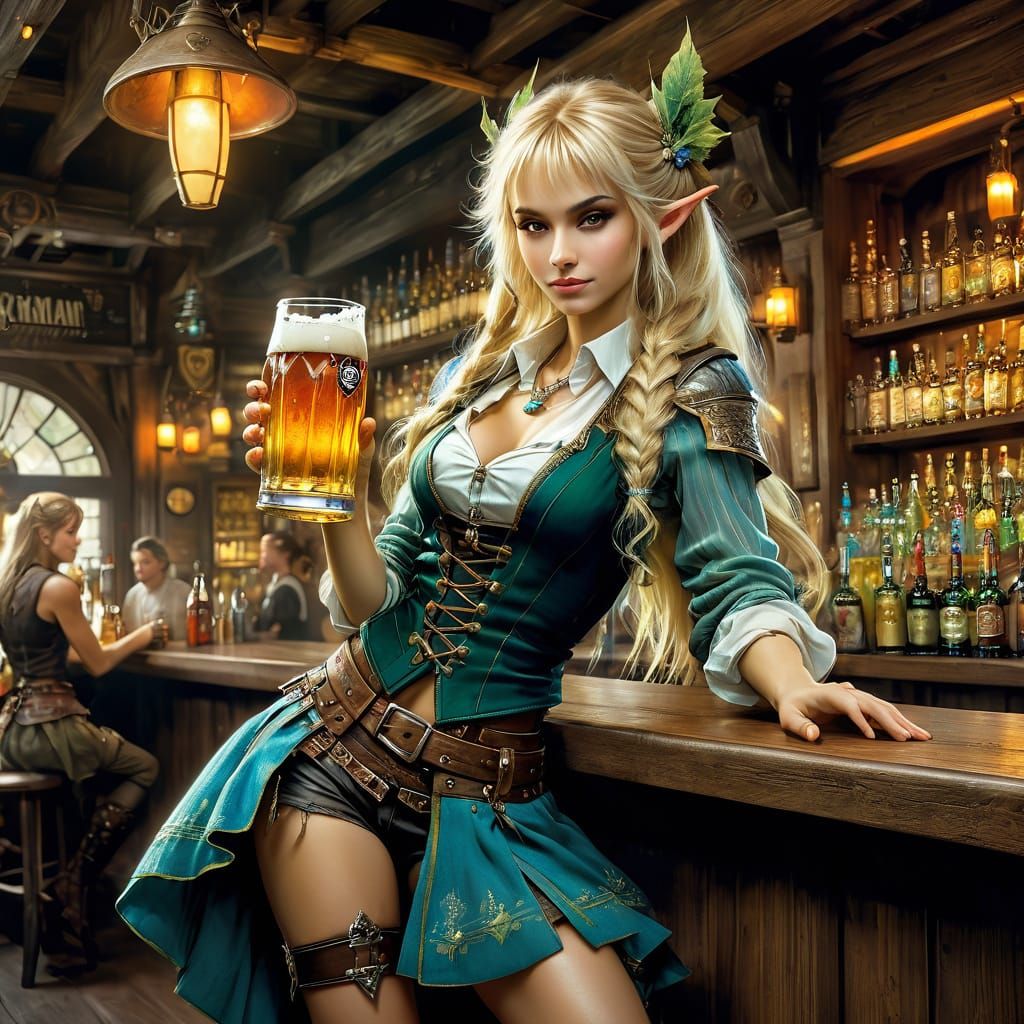 Stunning Arthur Rackham-Inspired Elf Bartender in Anime Styl...