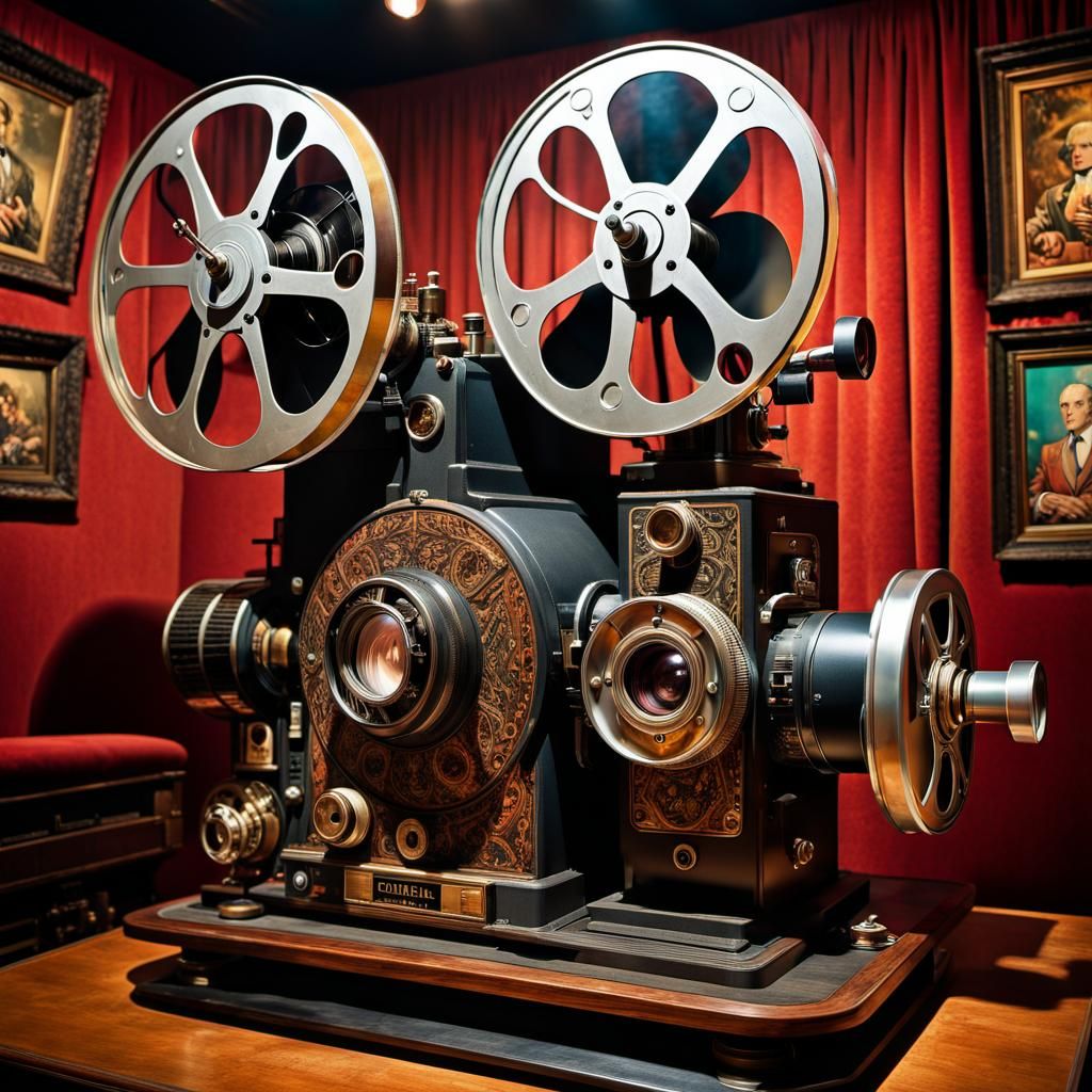 Vintage Film Projector in Antique Cinema: Hyperrealistic Mix...
