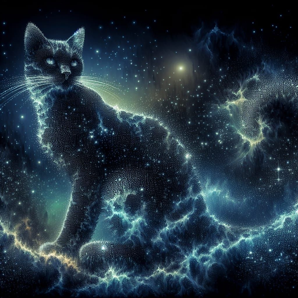 Celestial Cat Silhouette in Starry Night Sky