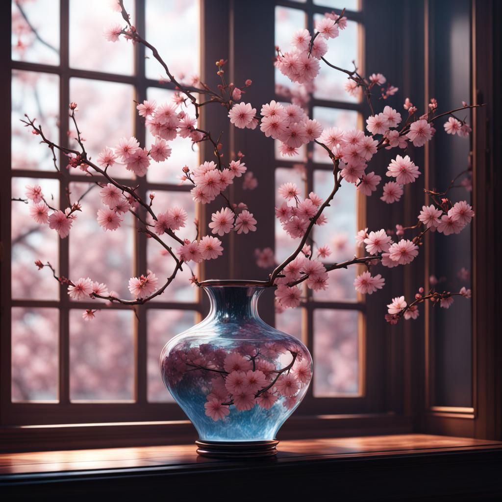 Sakura Flowers in Glass Vase: Detailed Matte Painting
