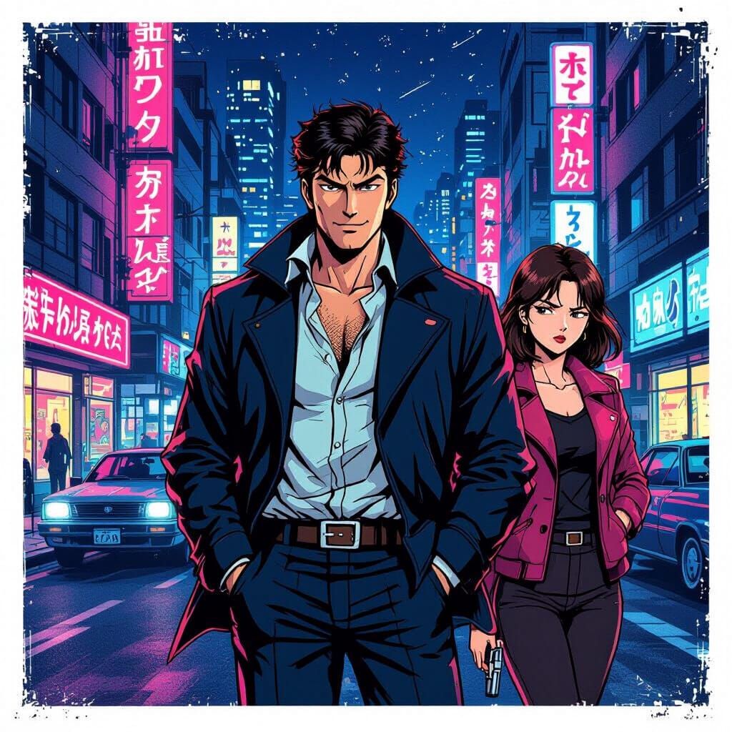 Retro Manga Detective in Neon Tokyo, 1990s Style