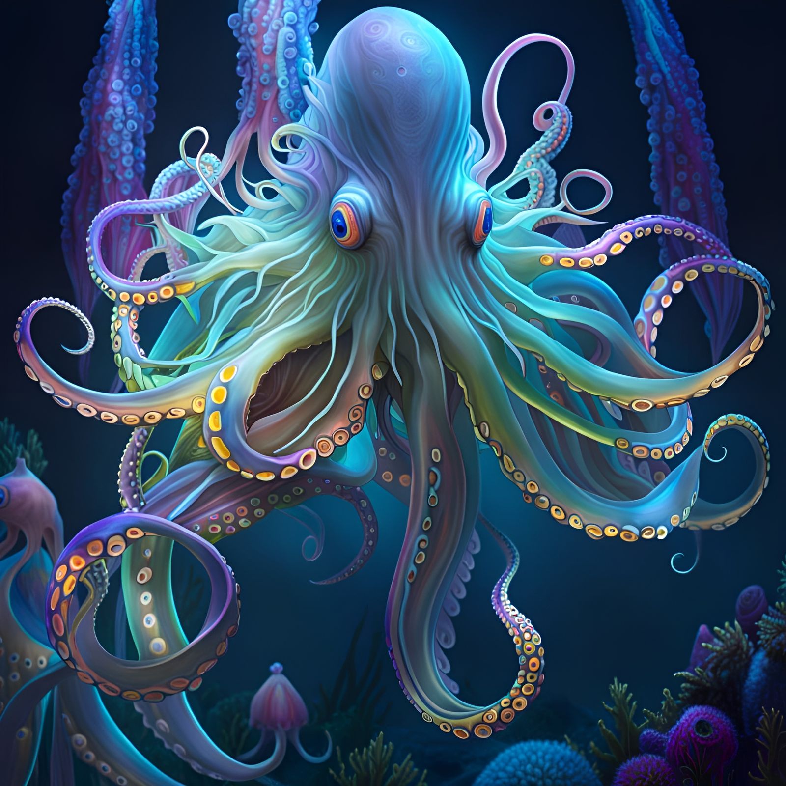 Ethereal Ghost Octopus in Deep Sea, Digital Art