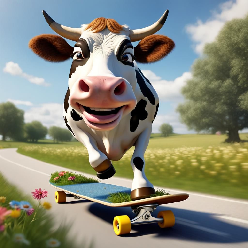 a cow enthusiastically riding a skateboard down a country road, flowers and grass waving in the breeze. The cow has a hu...
