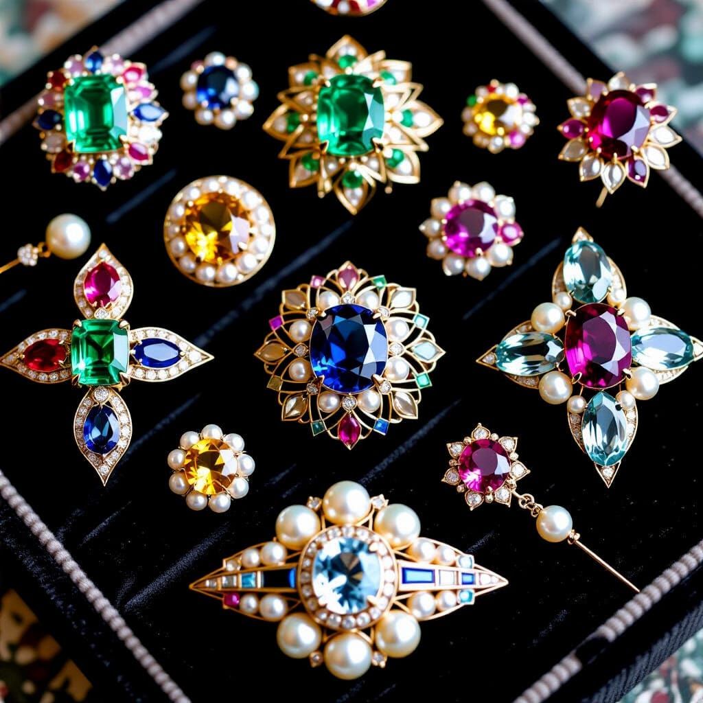 Art Deco Brooch Collection on Black Velvet Tray