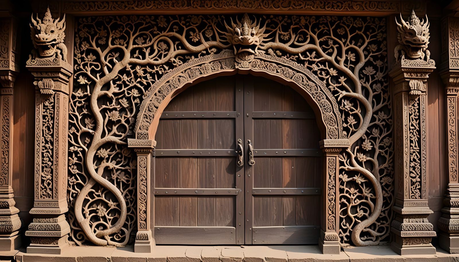 Intricate Wooden Door Frame in Indian Village Style