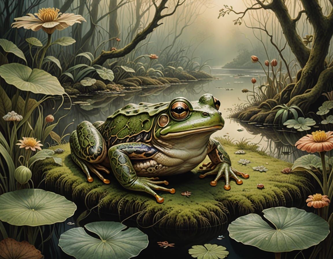 Frog at Misty Swamp Water's Edge, in Dreamy Watercolour Styl...
