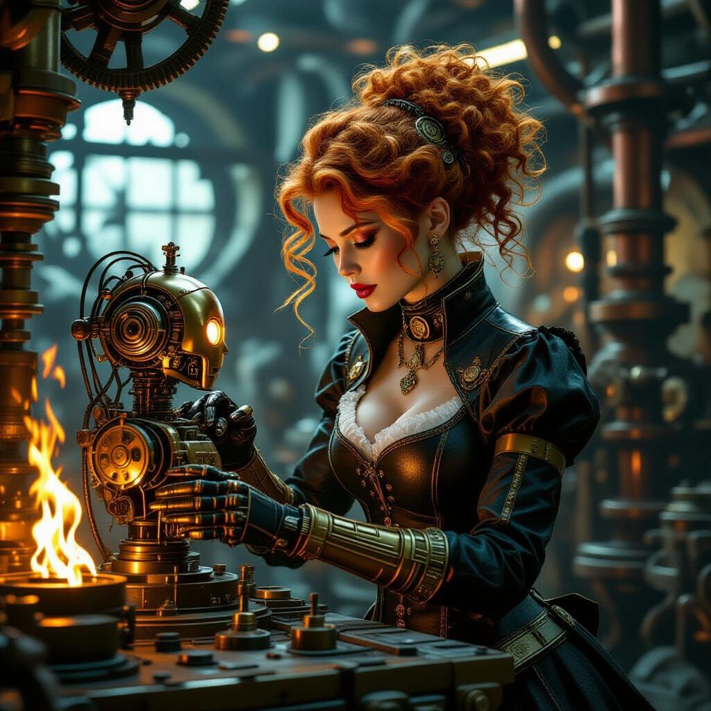 Steampunk Mechanic with Fiery Hair Repairs Automaton