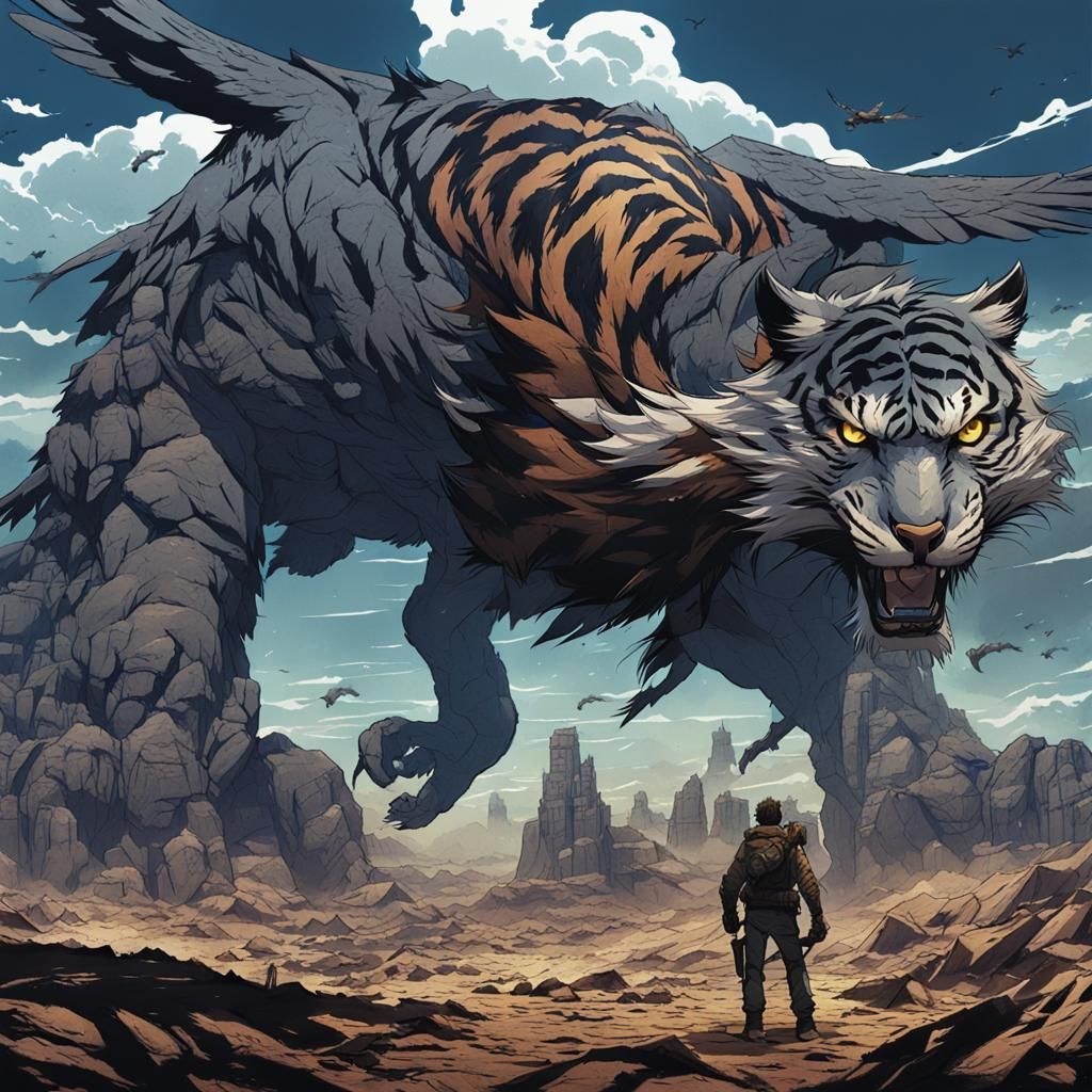 Eagle-Tiger Hybrid in Wasteland: Anime-Style Digital Art