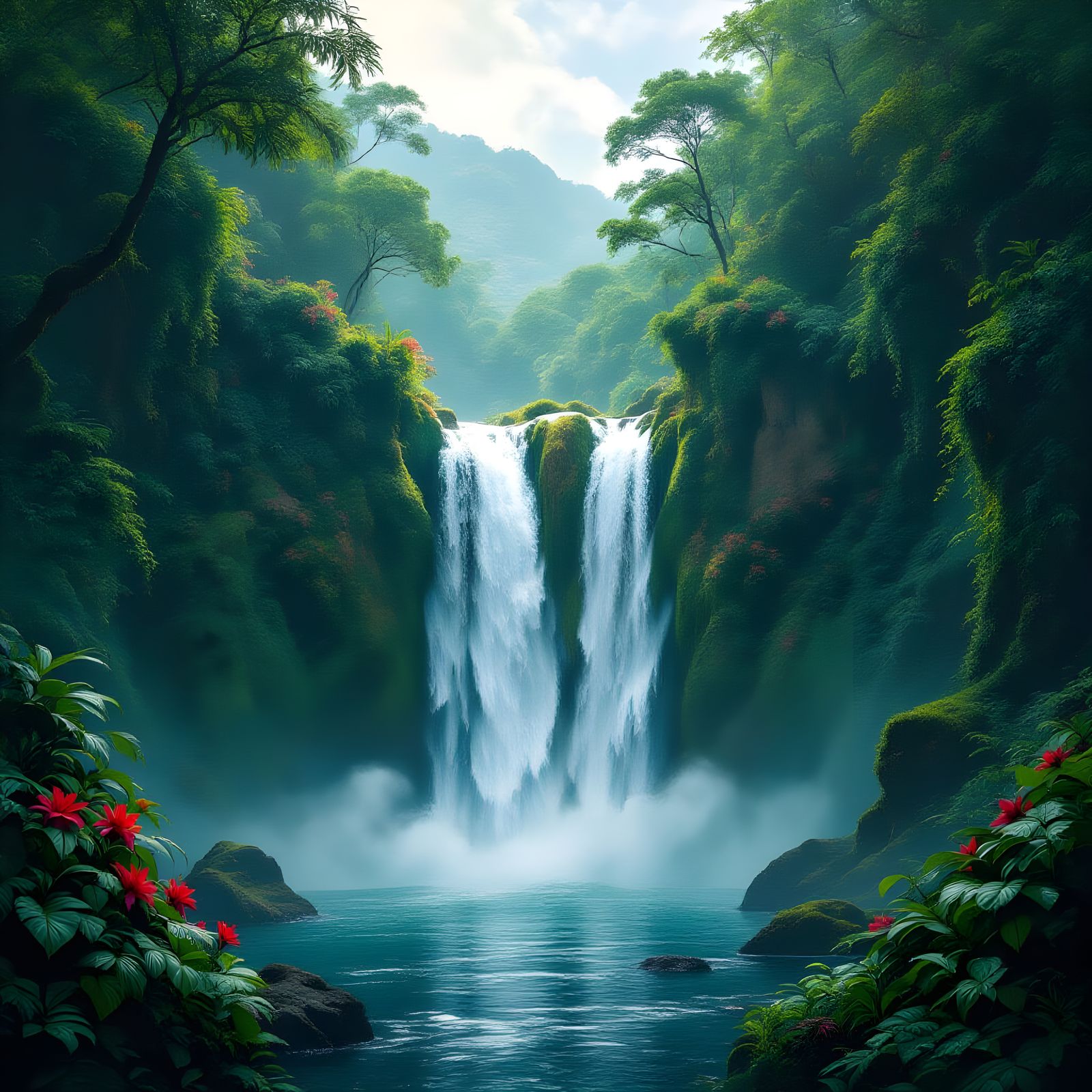 Lush Waterfall in Hyperrealistic Cinematic Style