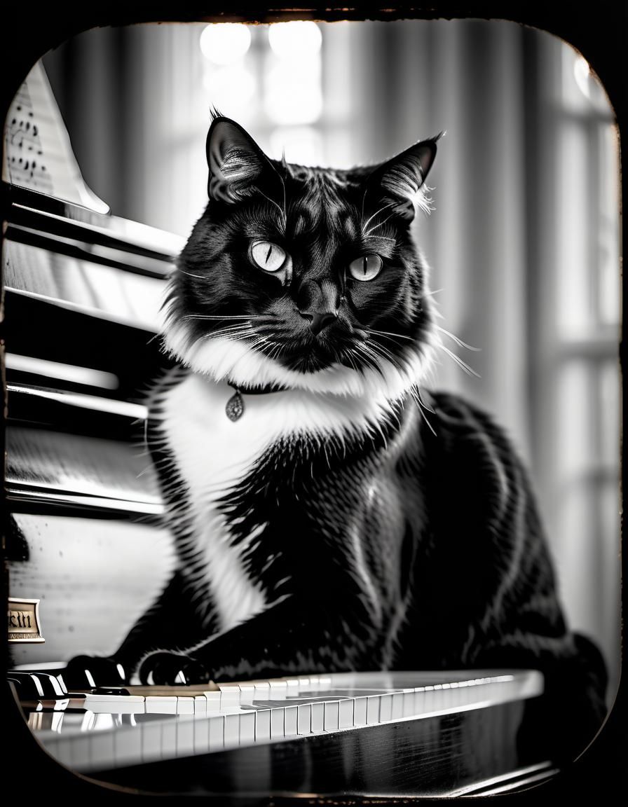 Tuxedo Cat on Piano: Wet Plate Collodion