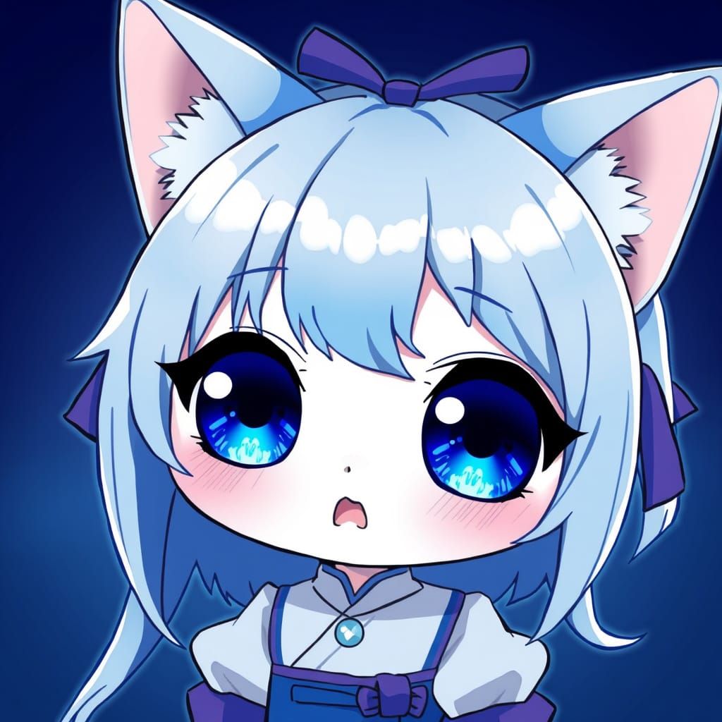 Cute Chibi Anime Catgirl in Ethereal Blue
