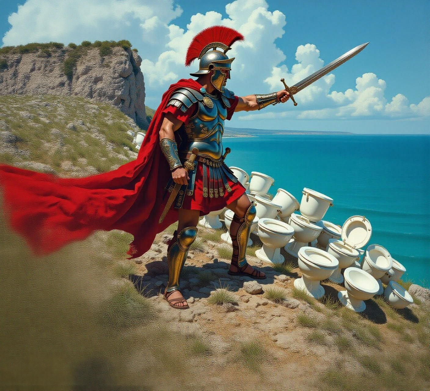 Roman Warrior Battles Rolling Toilet Bowls in Renaissance St...