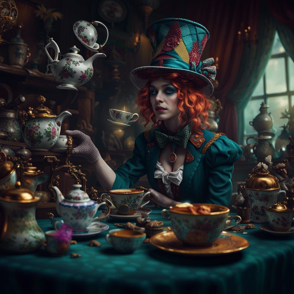 Female Mad Hatter's Tea Party, Digital Art