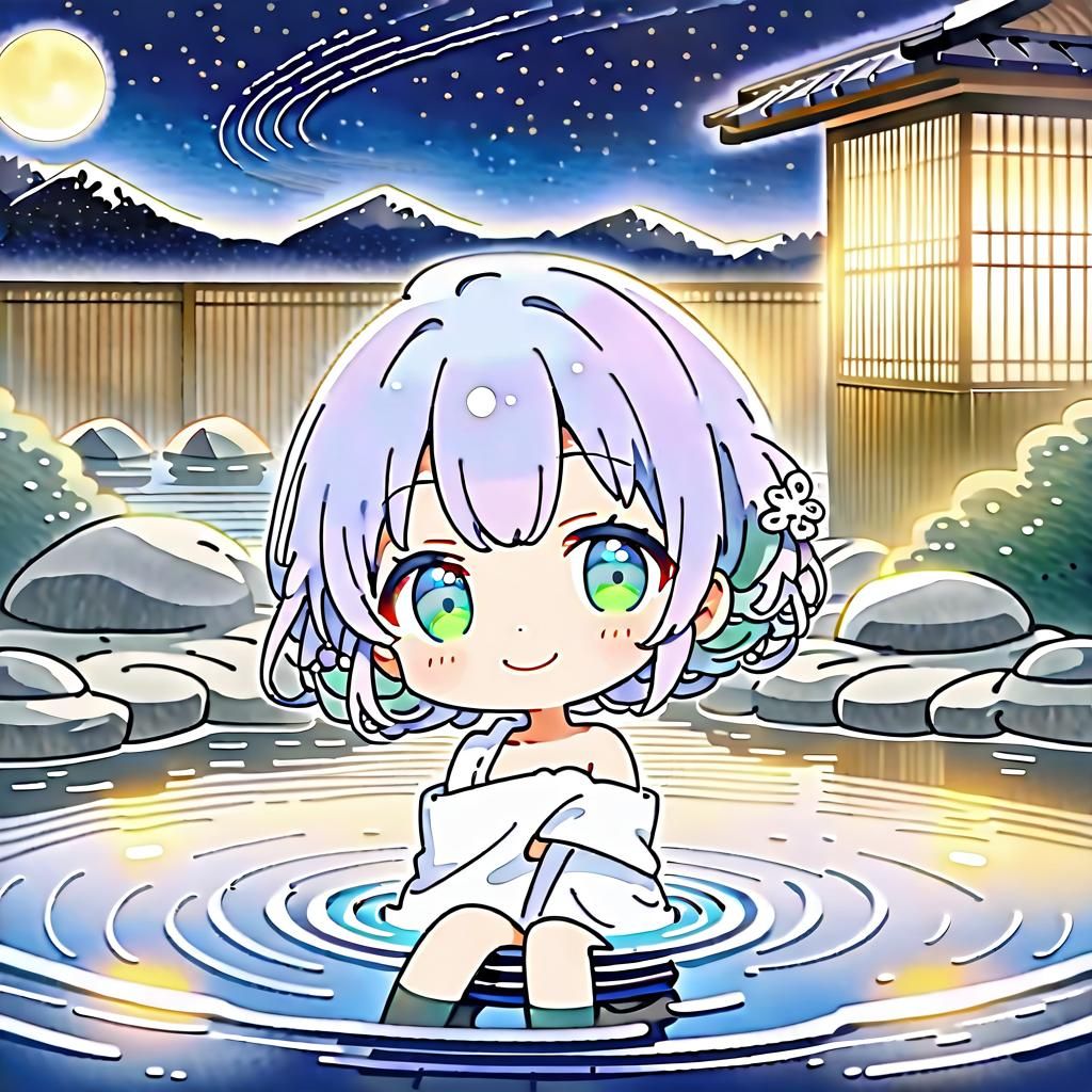 Chibi Thai Girl in Hakone Onsen: Anime Watercolor