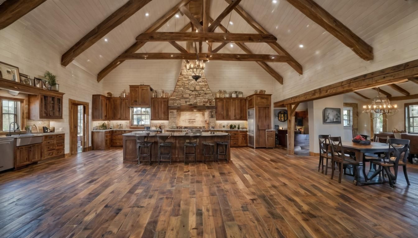 rustic barndominium, open floor plan, Massive Chef's Kitchen, stone fireplace, Barn Beams, Hardwood floors