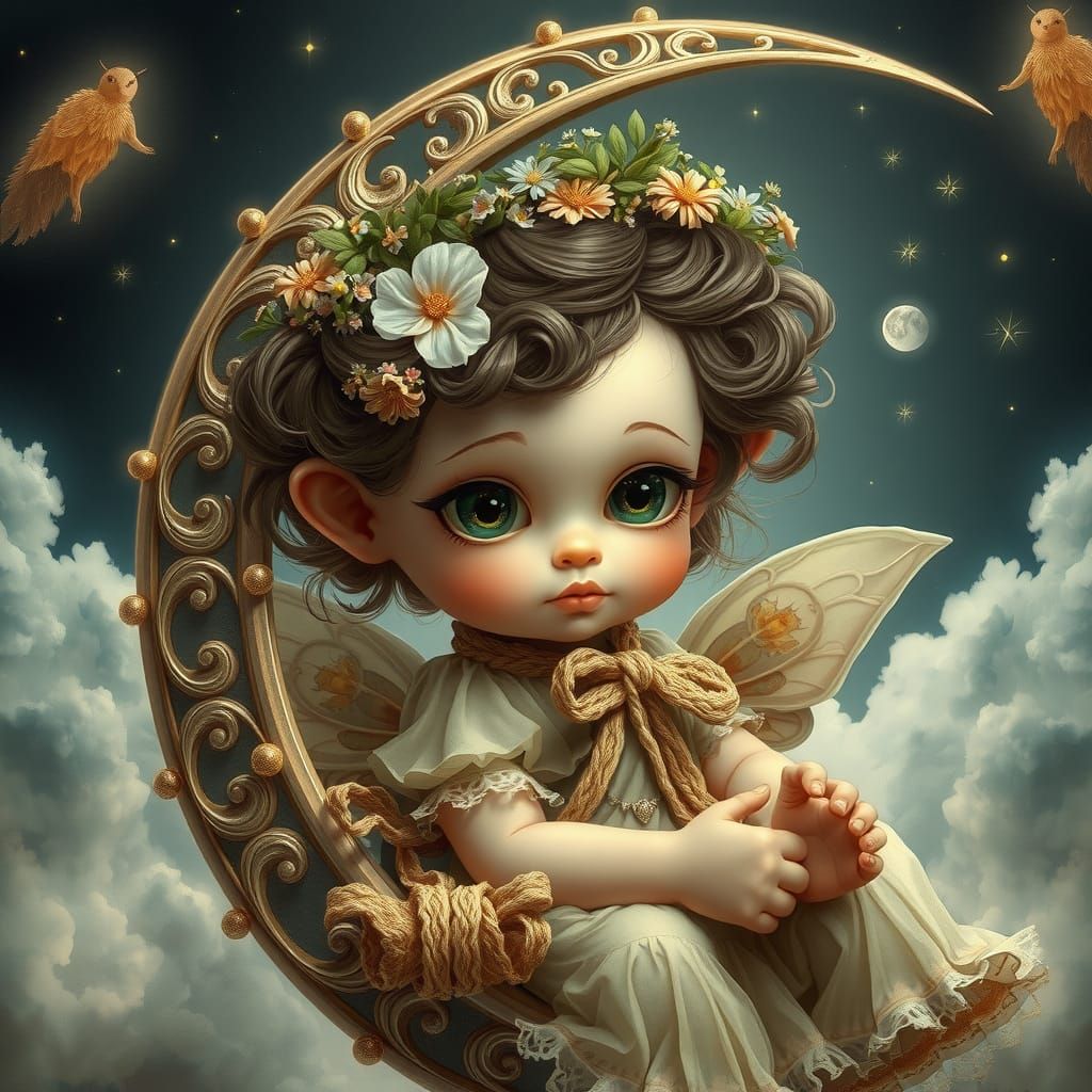Whimsical Pixie on the Moon in Digital Art