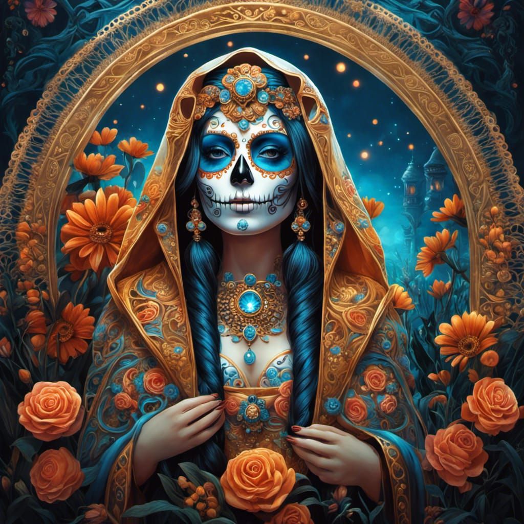 Intricate Catrina Baby in Bioluminescent Skull Field