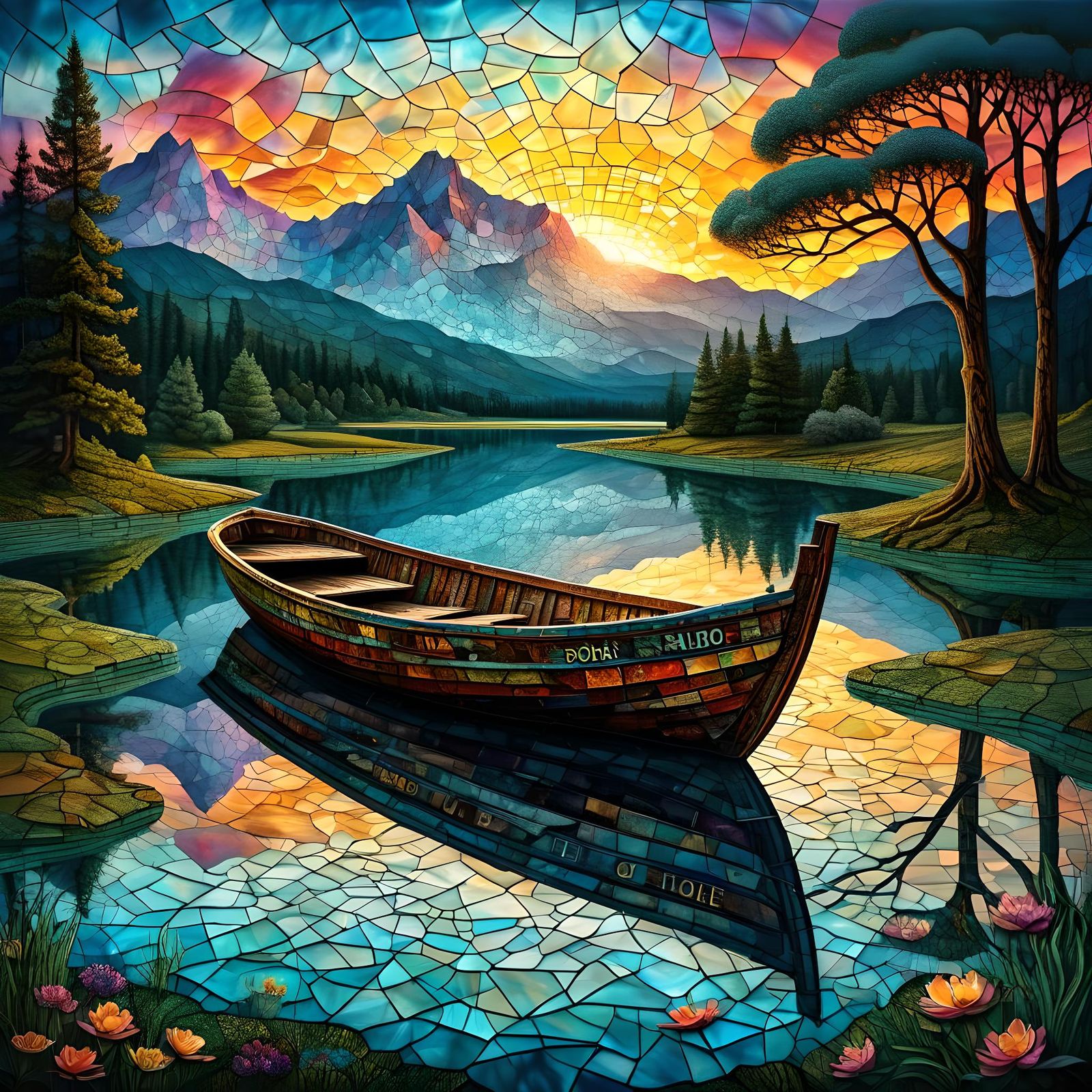 Pond Double Exposure Art with Mountain Sunset