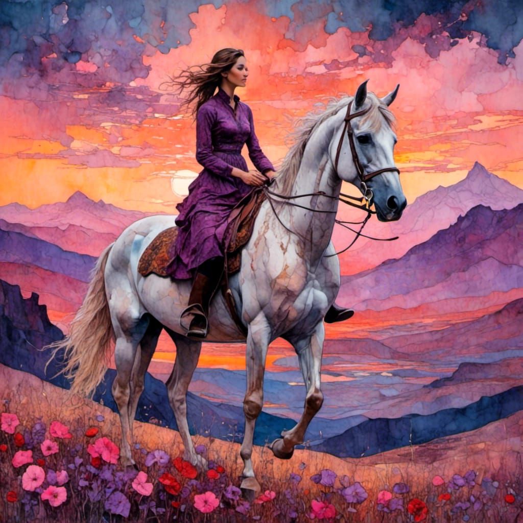 Equestrian Sunset: Neurographic Ink Mountain Scene