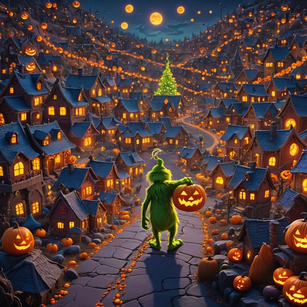 Grinch Steals Halloween: A Whimsical Art Deco Scene