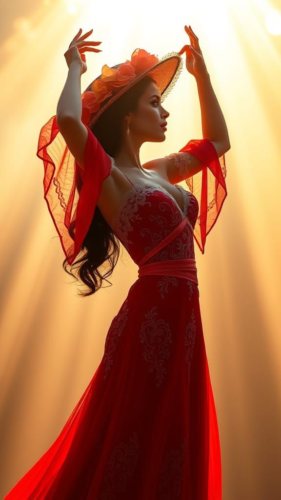 Carmen in Elegant Red Attire, Captured in Cinematic Film Sty...