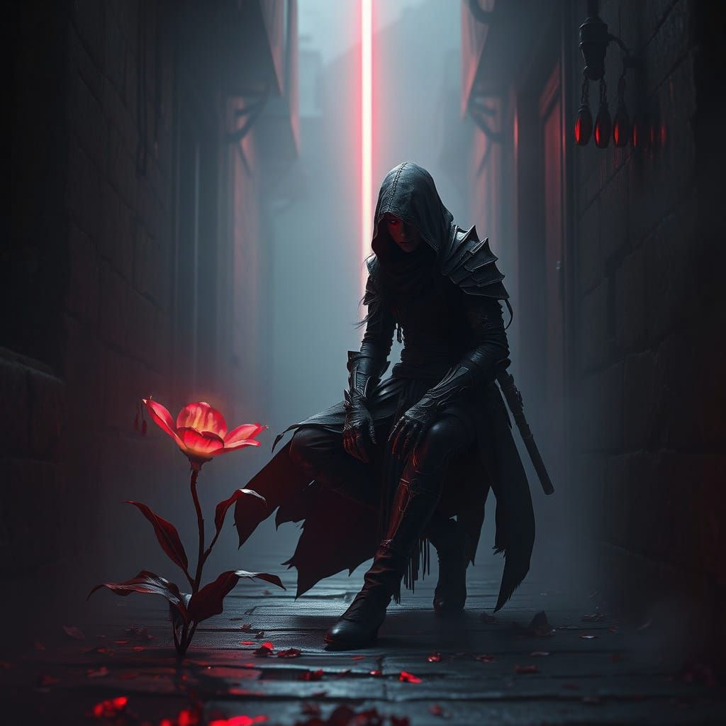 Dark Assassin Contemplates Rare Red Flower in Crimson-Hued A...