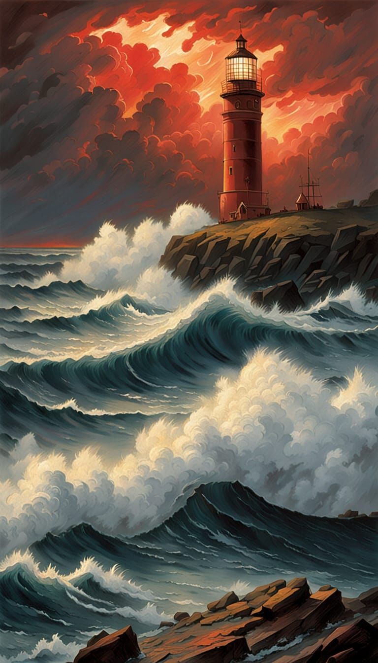 Dramatic Stormy Seascape Painting with Lighthouse