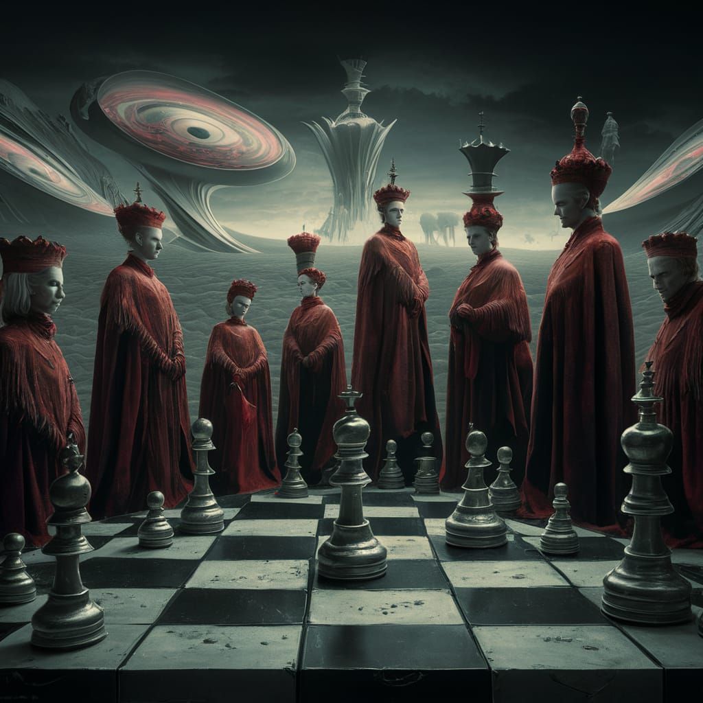 Surreal Chessboard with Human Pieces in Alien World